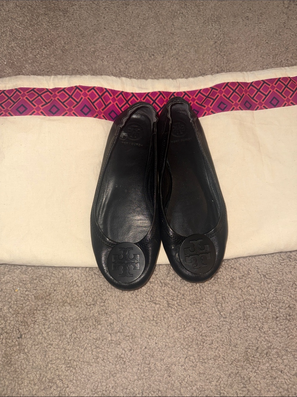 Tory Burch Black Leather Logo Ballet Flats
